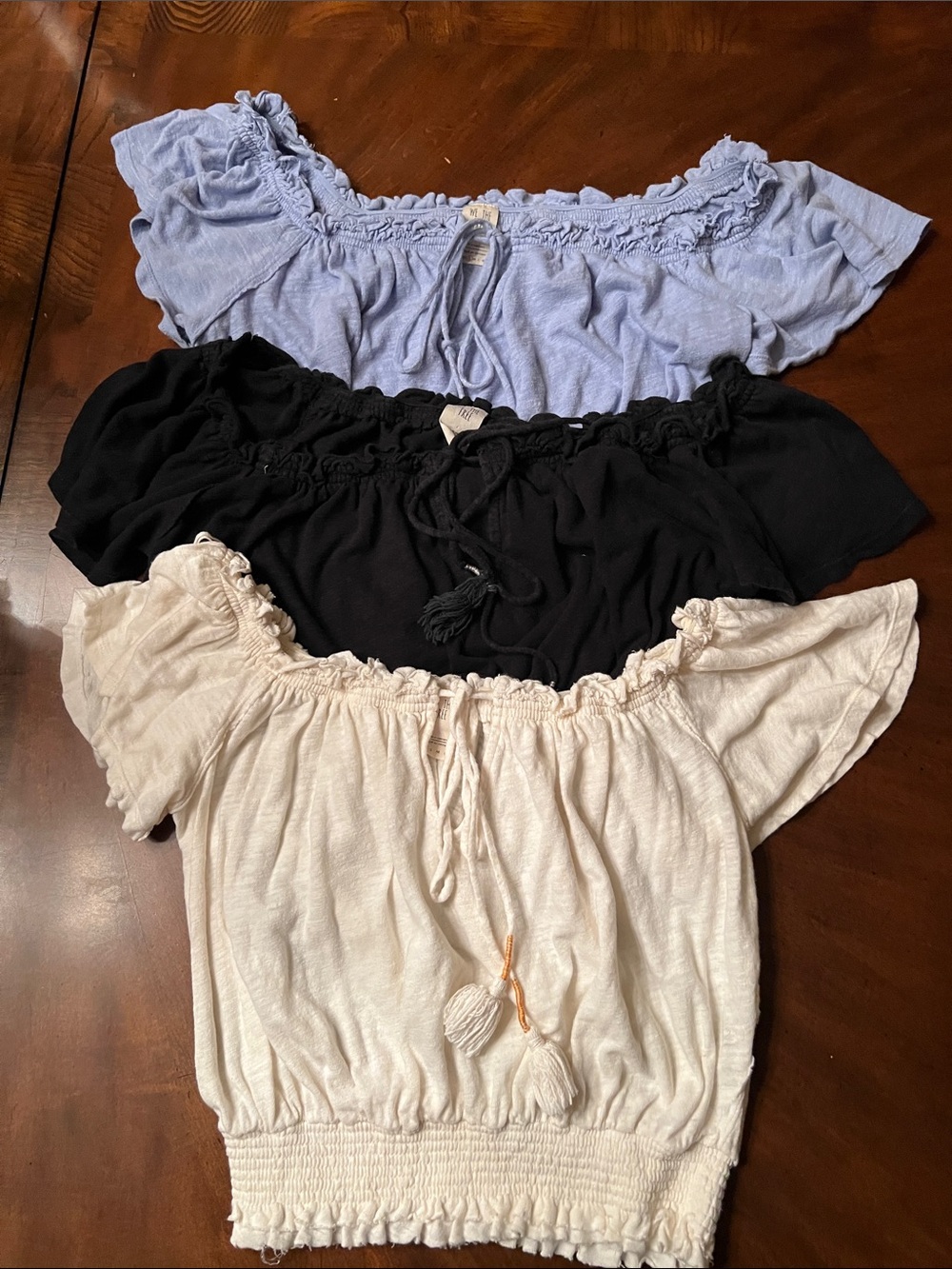 Free People Off-Shoulder Smocked Crop 3 Top in Light Blue(S)Black(XS)& White(XS)
